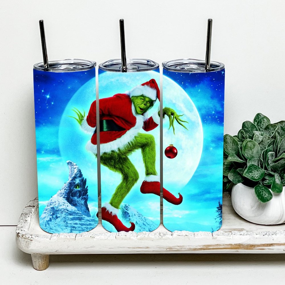The Grinch Santa Christmas Moon 20oz Tumbler With Metal Straw